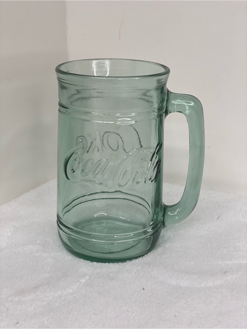Vintage Coca Cola Coke Green Glass Stein Mug W/Handle Soda Shop Drinking Glass